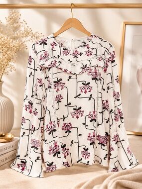 Ann Taylor White & Pink Floral Bell Sleeve Ruffle Blouse Medium
